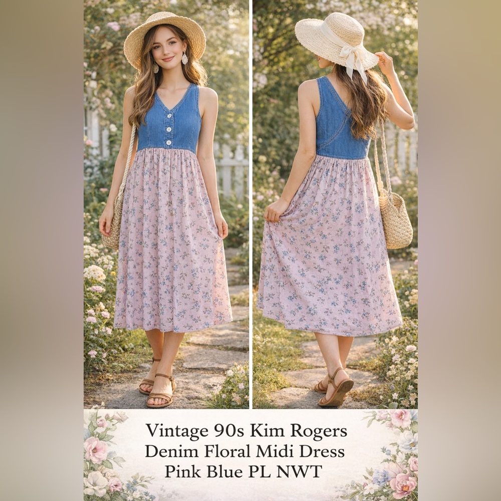 Vintage 90s Kim Rogers Denim Floral Midi Dress Pink Blue PL NWT Cottagecore
